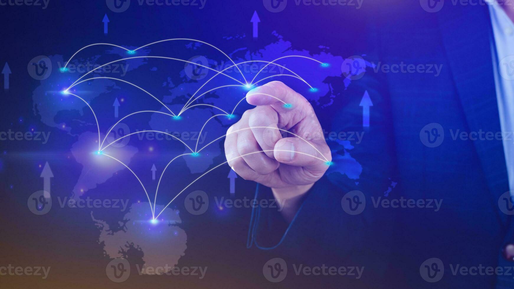 Global business, E-commerce, online marketing concept, Businessman using digital tablet touching on virtual screen with world map on business market place. photo