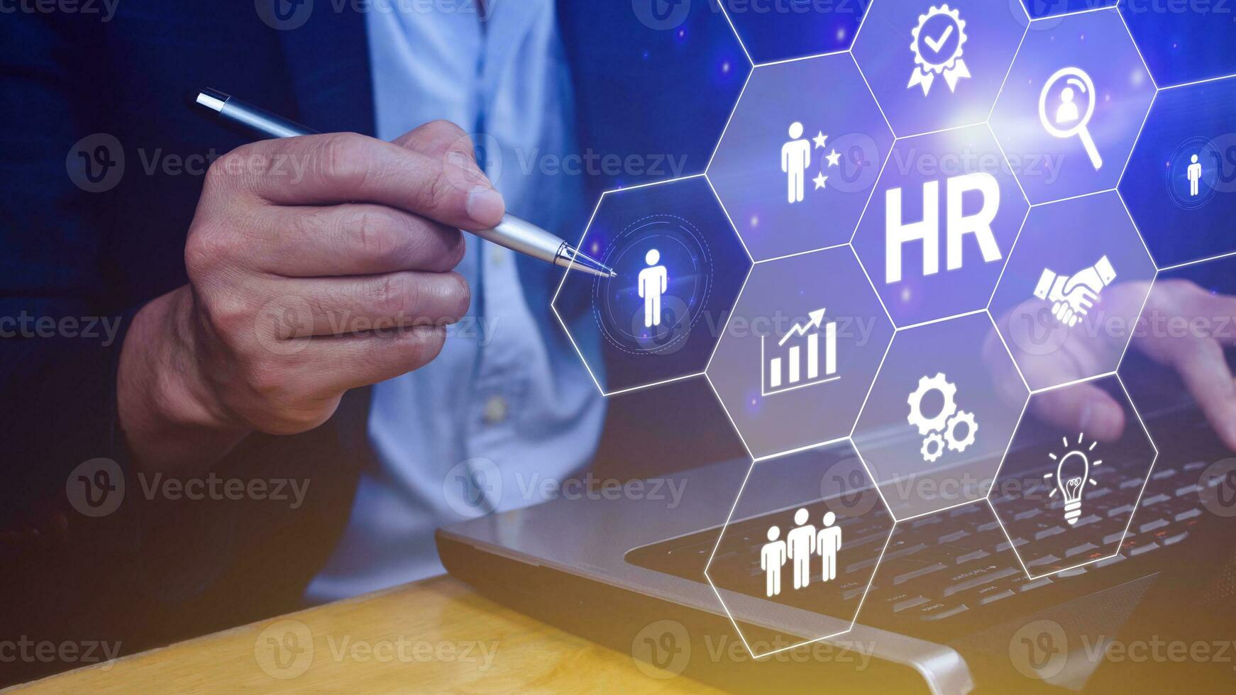 Businessman hand pressing human resources button, Human resources, HR management, employment, headhunting concept, hand holding modern social buttons on virtual background photo