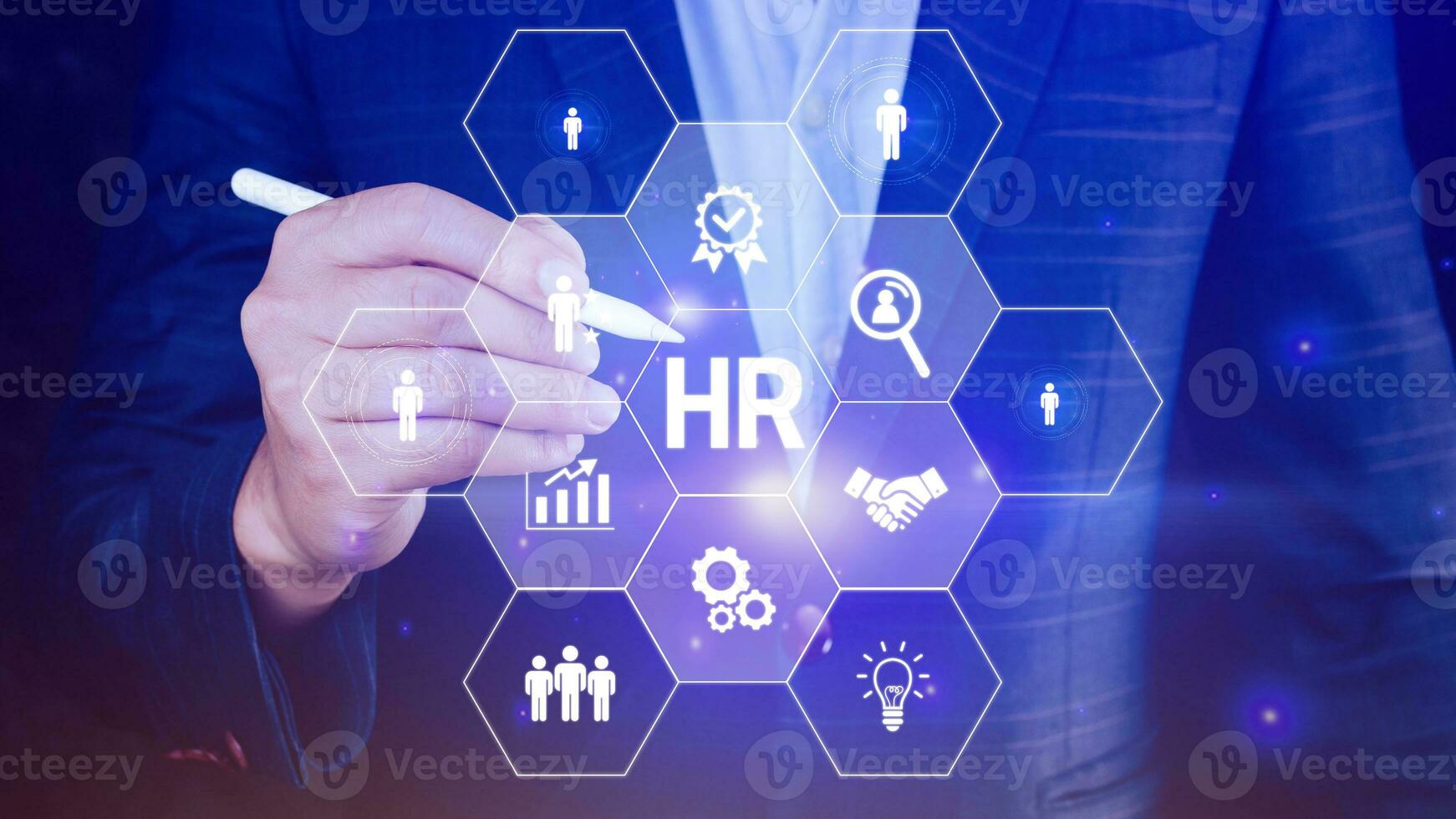Businessman hand pressing human resources button, Human resources, HR management, employment, headhunting concept, hand holding modern social buttons on virtual background photo