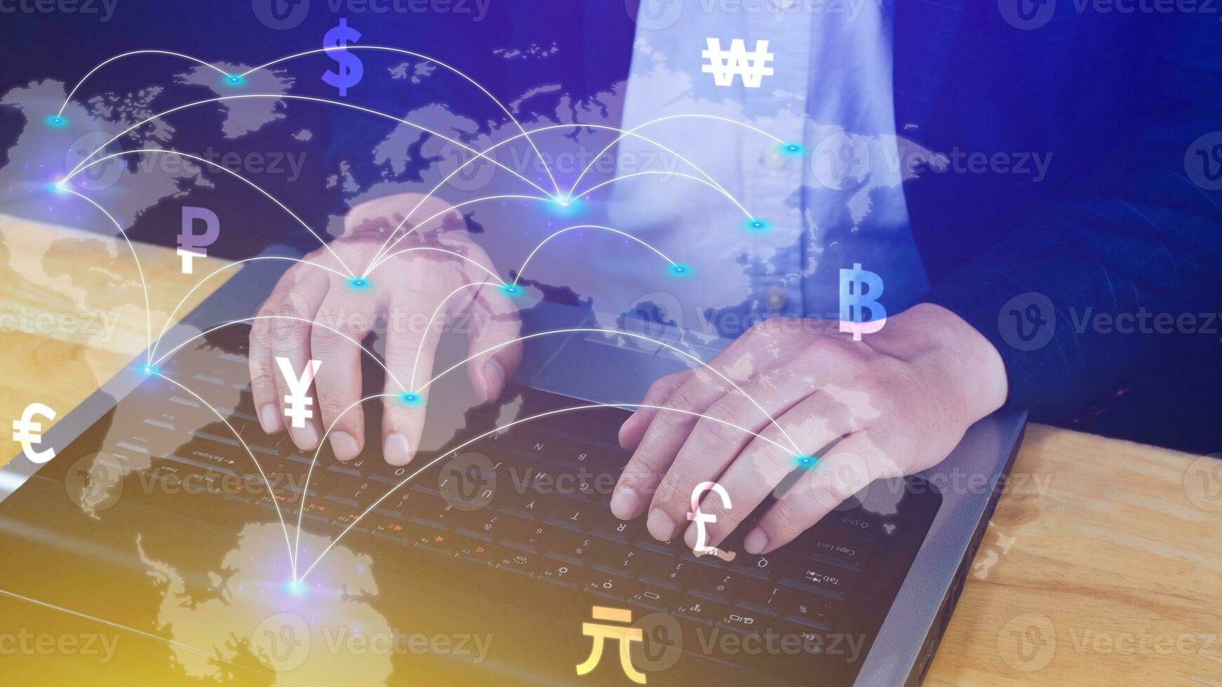 Businessman using mobile phone and laptop computer to money transfers and currency exchanges between countries of the world, online banking interbank payment concept. photo