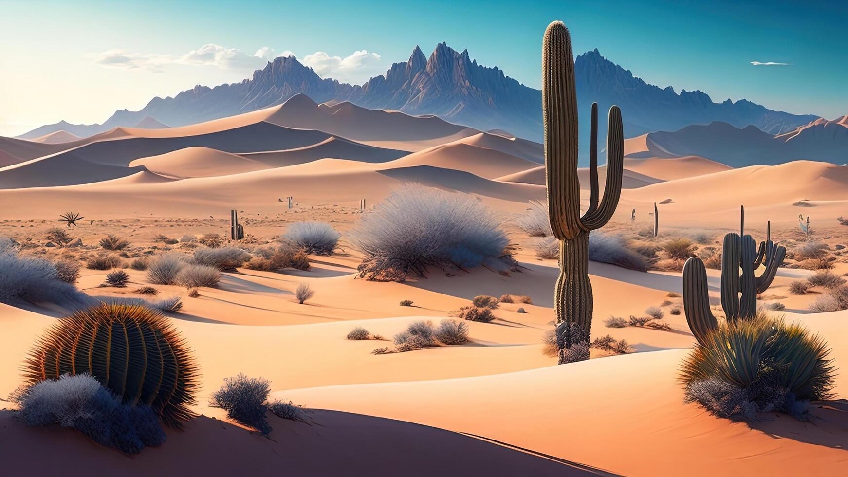 Desert landscape with cactuses and mountains. photo