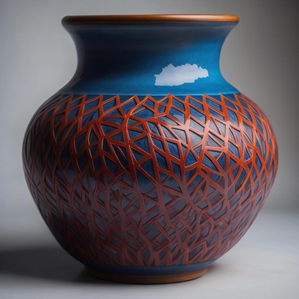 Clay vase with a pattern on a white background. Handmade. photo
