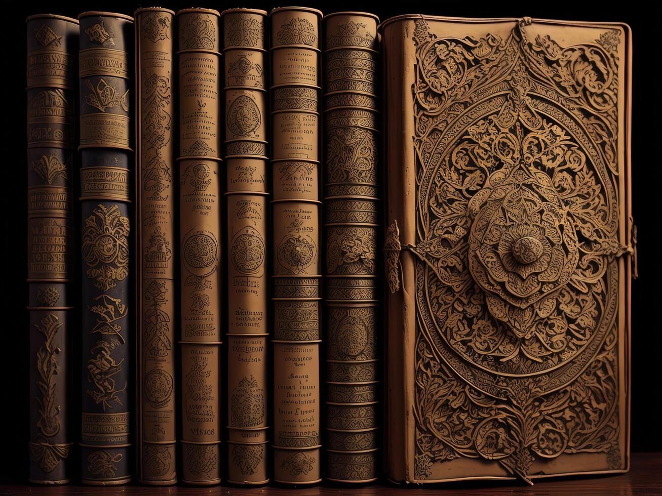 Old books on a wooden shelf in the dark. photo