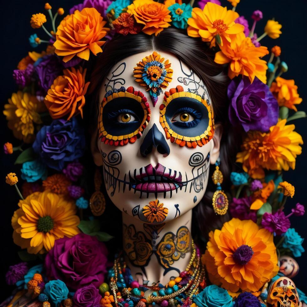 Day of the Dead sugar skull woman with colorful flowers background, close up. photo