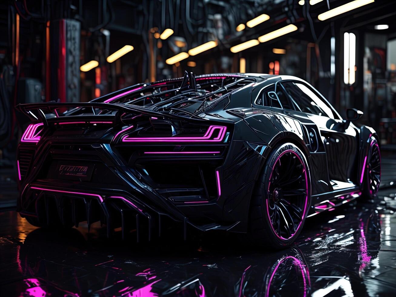 a brand-less generic concept car in neon light. photo