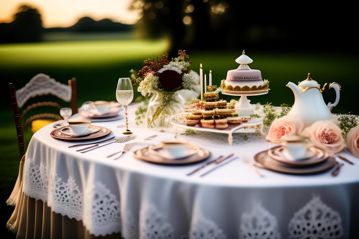 Table set for wedding or other celebration in the garden. Selective focus. photo