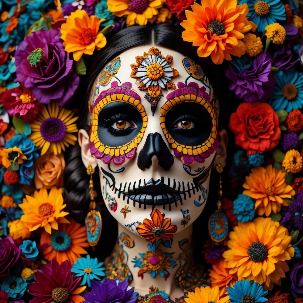 Day of the Dead sugar skull woman with colorful flowers background, close up. photo