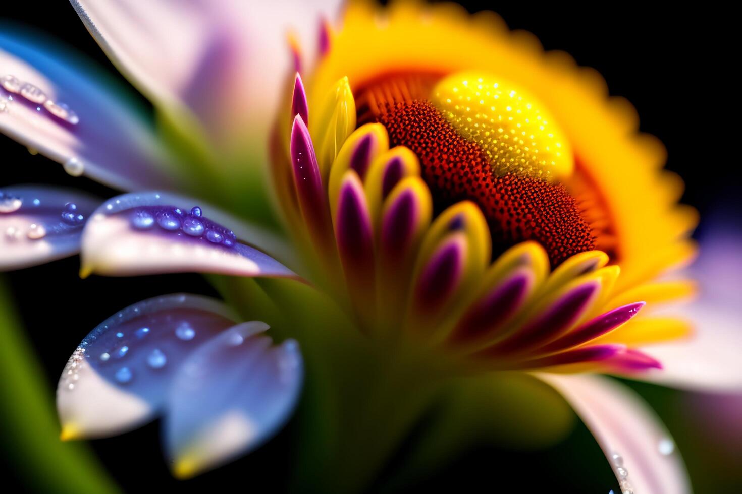 Close up of purple daisy flower with water drops on petals. photo