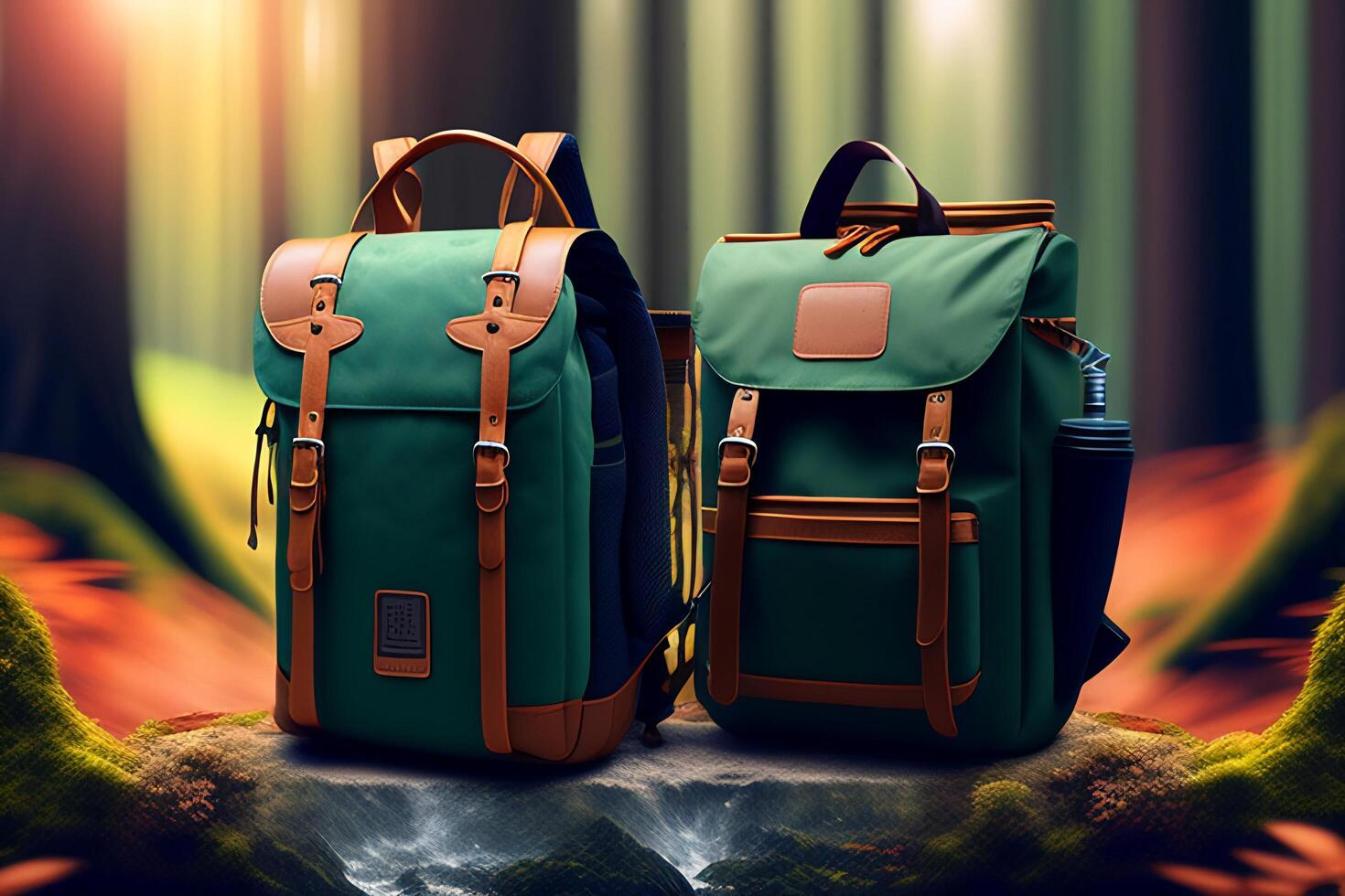 Hiking backpack with a thermos and a camping tent on a green background. photo