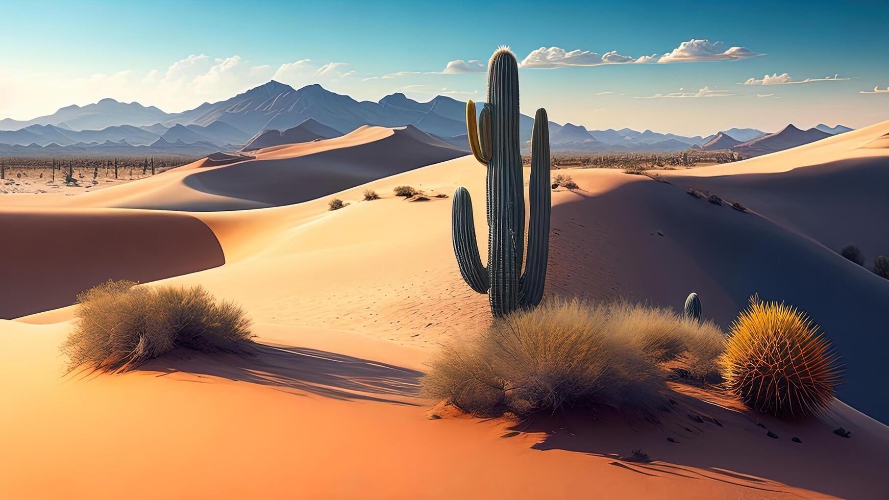 Desert landscape with cactuses and mountains. photo