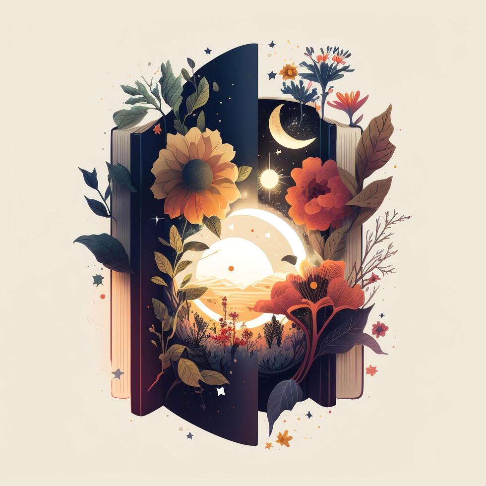 illustration of sun and moon in vintage style. Background with flowers. photo