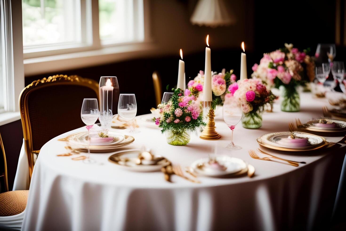 Table set for wedding or other celebration in the garden. Selective focus. photo