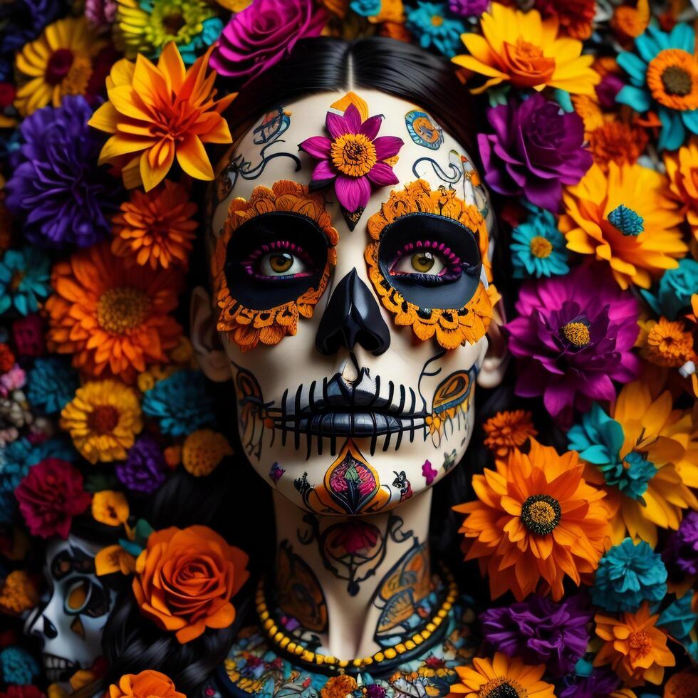 Day of the Dead sugar skull woman with colorful flowers background, close up. photo