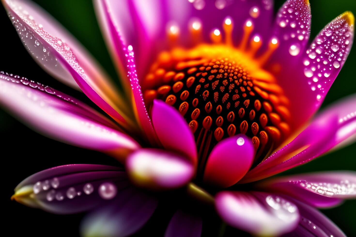 Close up of purple daisy flower with water drops on petals. photo