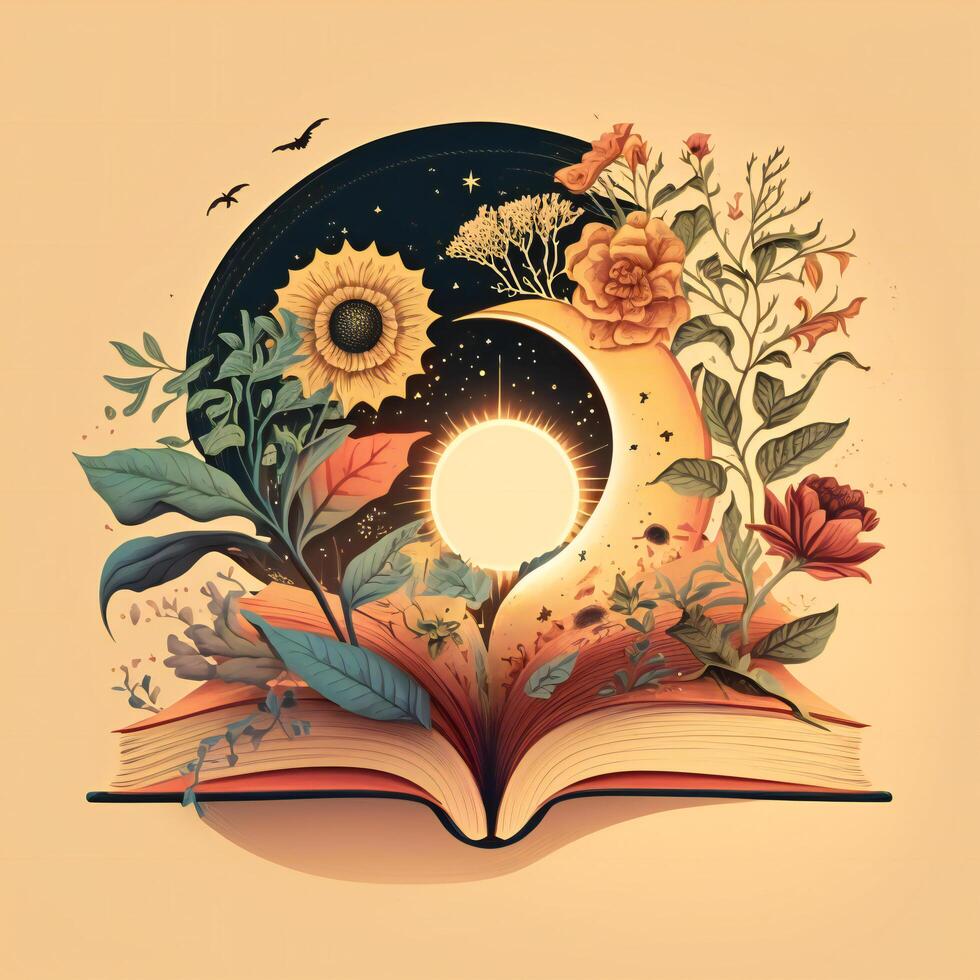 Illustration of a book with moon and flowers. illustration. photo