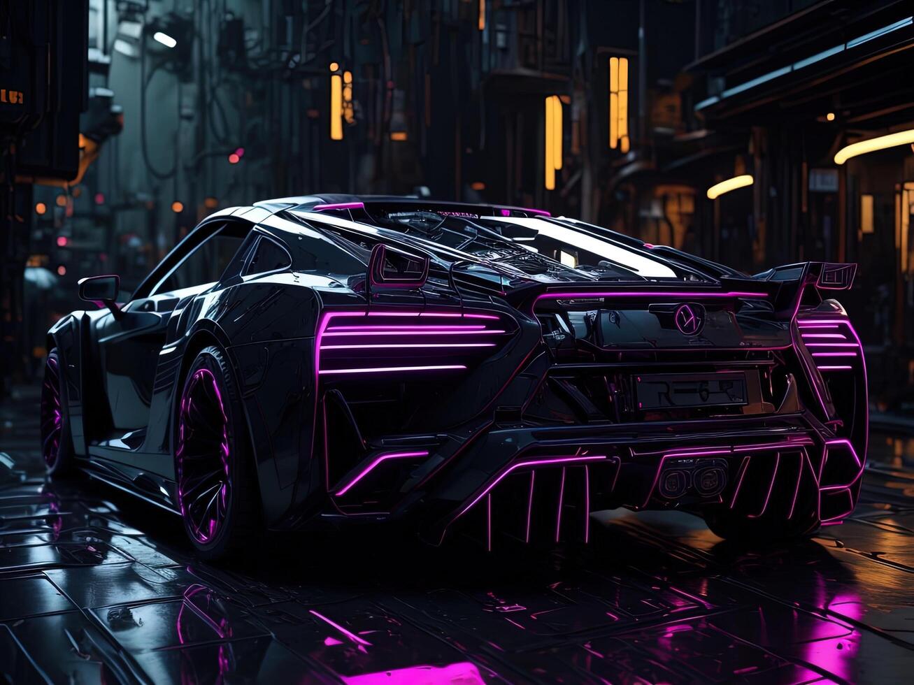 a brand-less generic concept car in neon light. photo