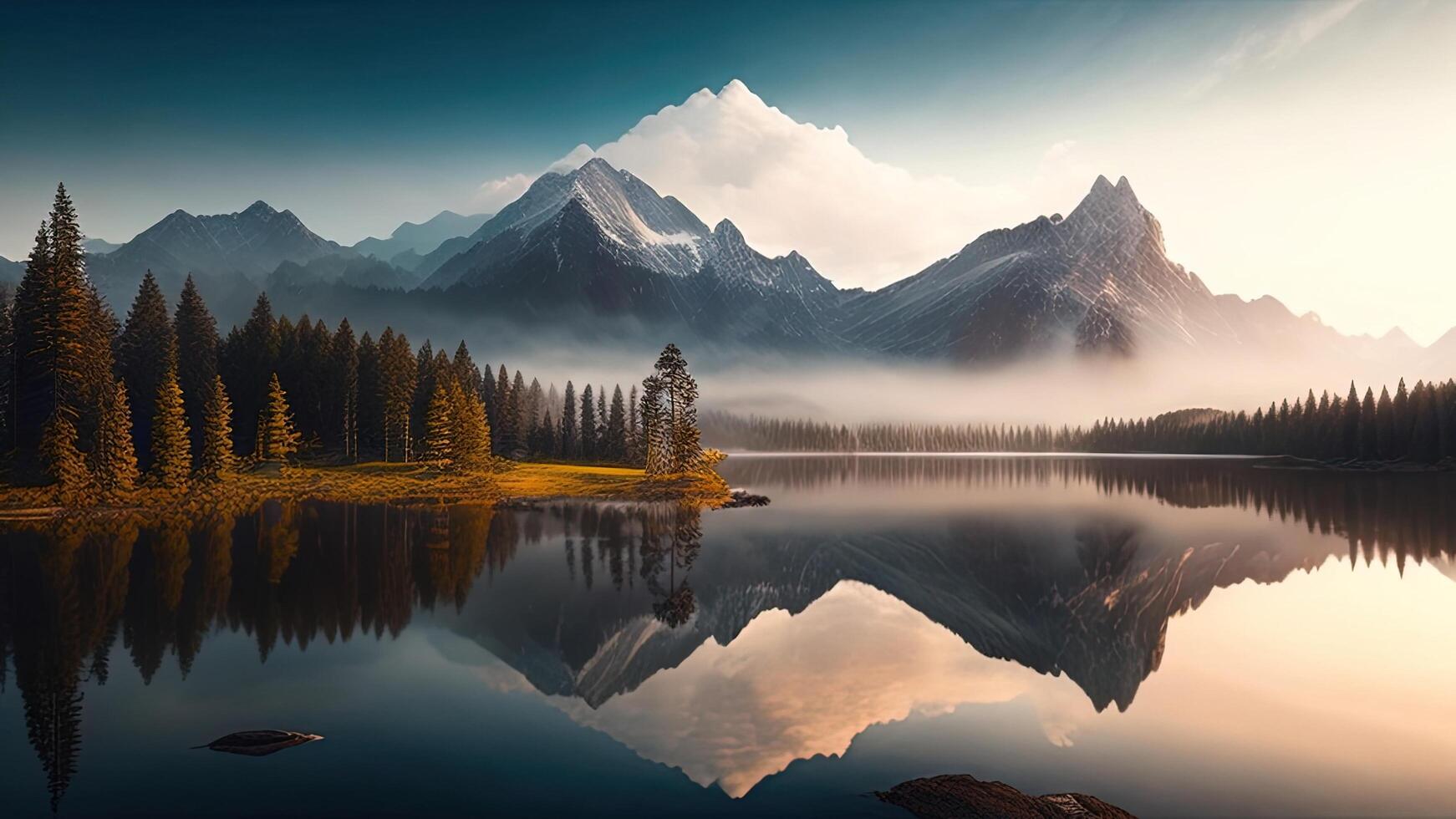 montaña lago con reflexión de montañas en el agua. fantástico verano paisaje. ai generado foto