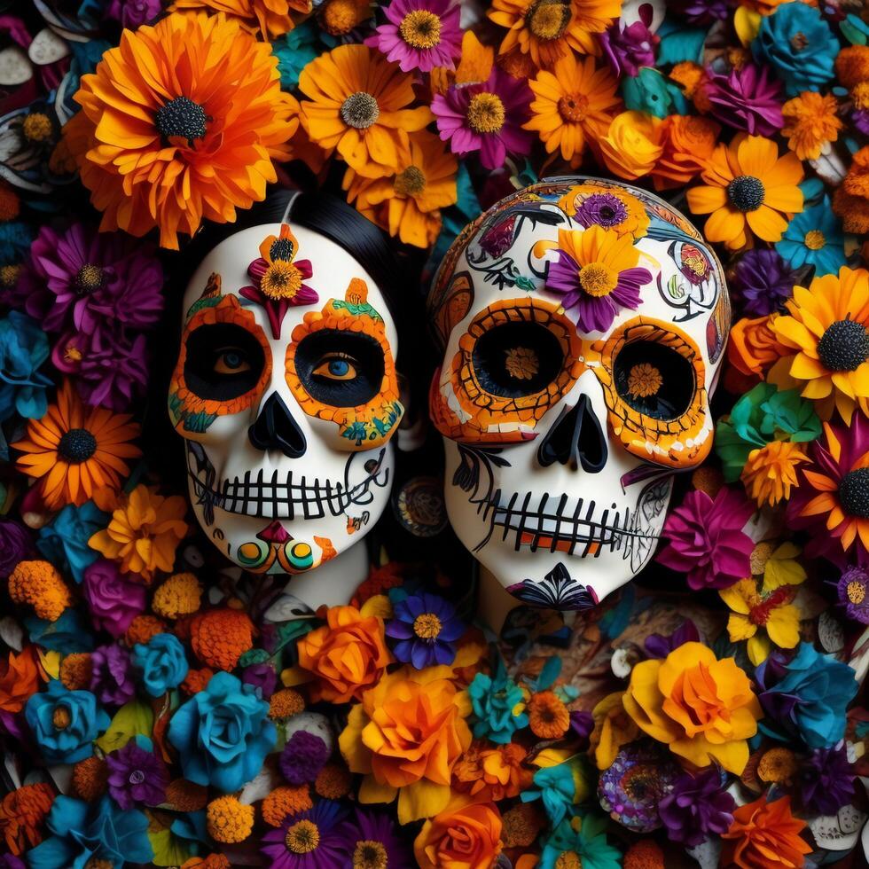 mexicano azúcar cráneo mujer. día de el muerto. dia Delaware los muertos. generativo ai foto