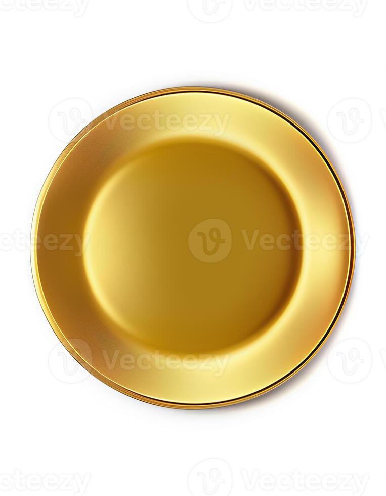 Flat lay view at golden plate on white background, created with photo