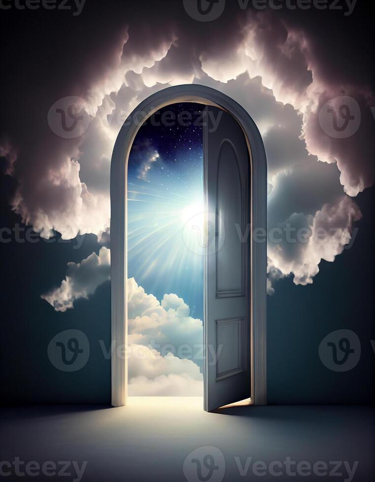 Open door to bright light heaven, created with 23824879 Stock Photo at Vecteezy