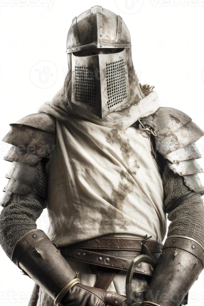 frente ver de medieval cruzado Caballero casco, aislado en blanco fondo, creado con generativo ai foto