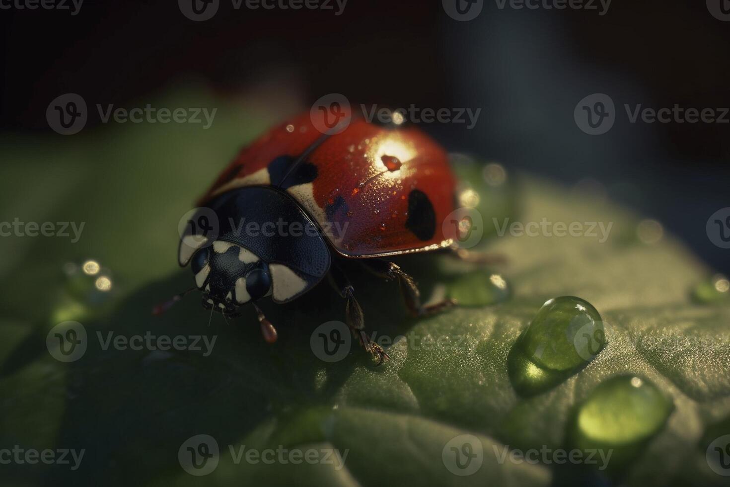 mariquita en el hoja con agua gotas, creado con generativo ai foto