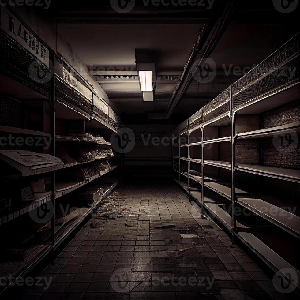 Dystopian view at empty shelves in the market, created with photo