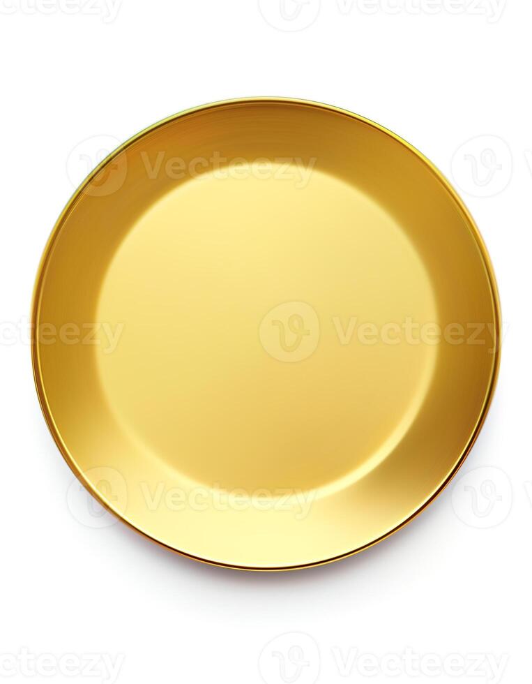 Flat lay view at golden plate on white background, created with photo