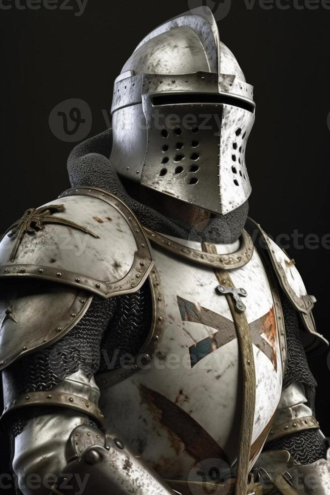 Front view of medieval crusader knight helmet, isolated on black background, created with photo