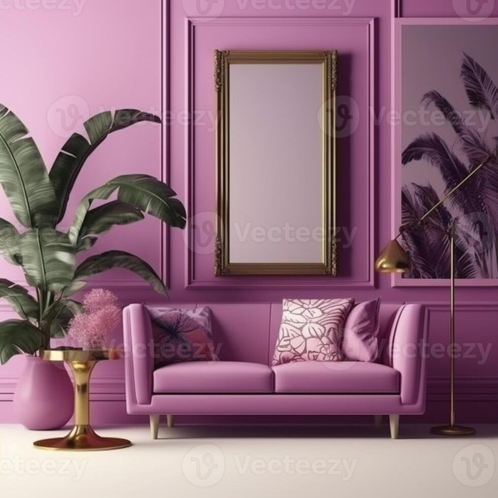 Blank picture frame in magenta color room, created with generative AI ...