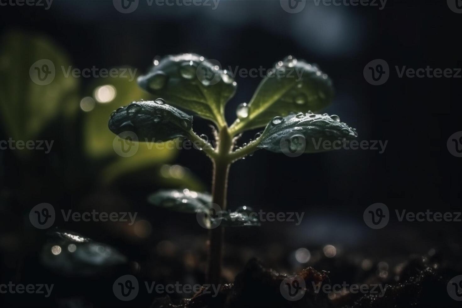 Young plant with water drops, created with photo