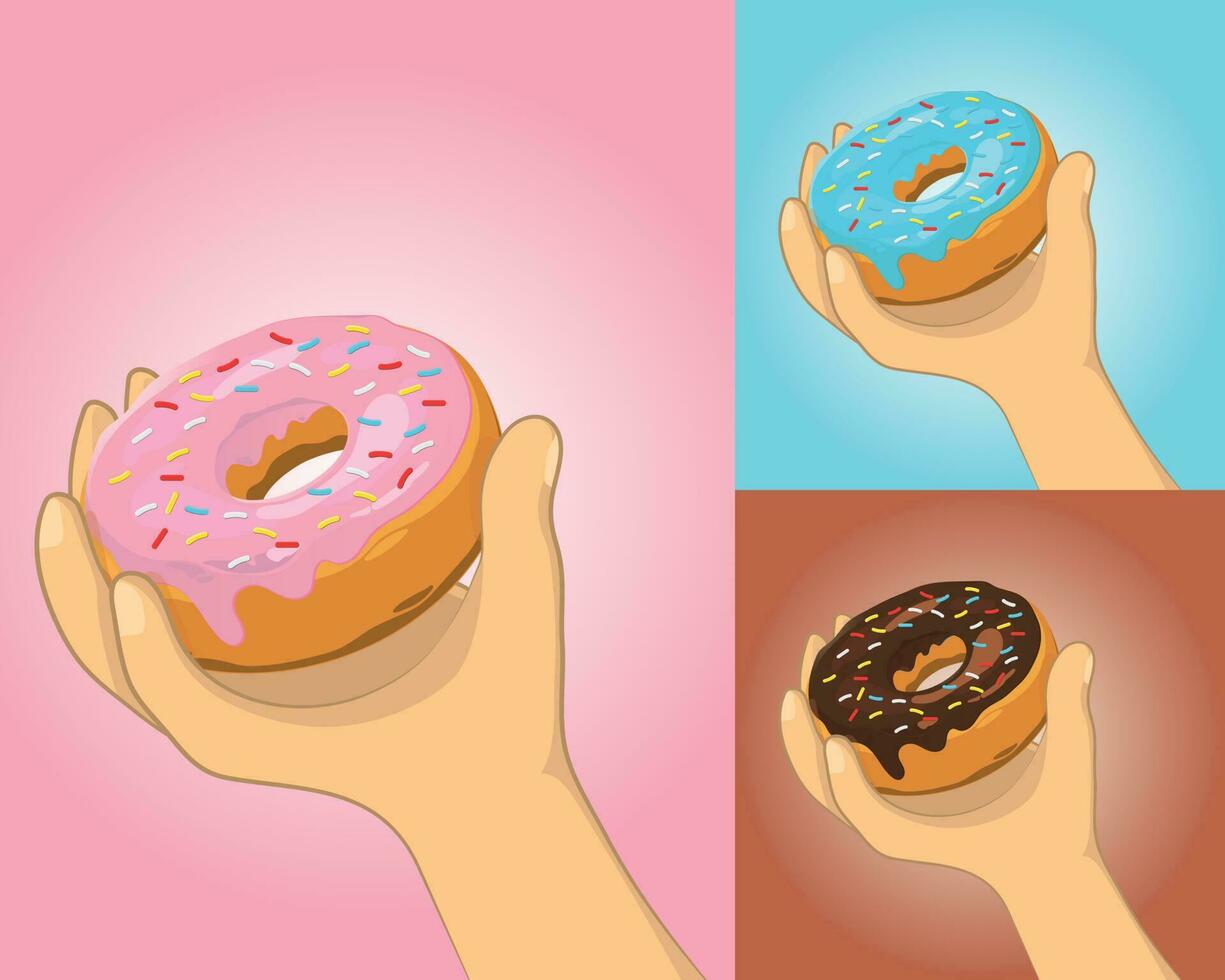 vector illustration of a Hand holding a donut with strawberry, blueberry and chocolate cream flavor variation
