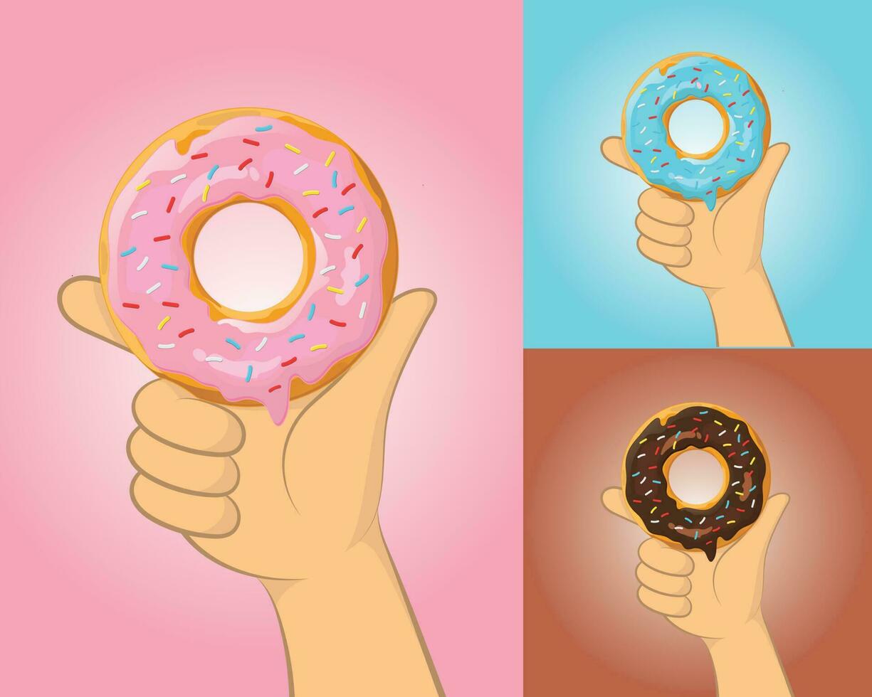 Cartoon hand holding a donut, with topping cream color variation of pink, blue, chocolate, isolated vector, flat design vector