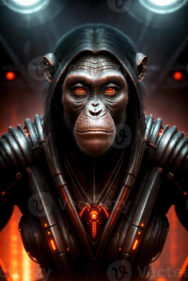 A monkey in a fantastic costume and with lanterns behind his back and a spotlight in the background, sits in a spaceship, character portrait. , generative, AI photo