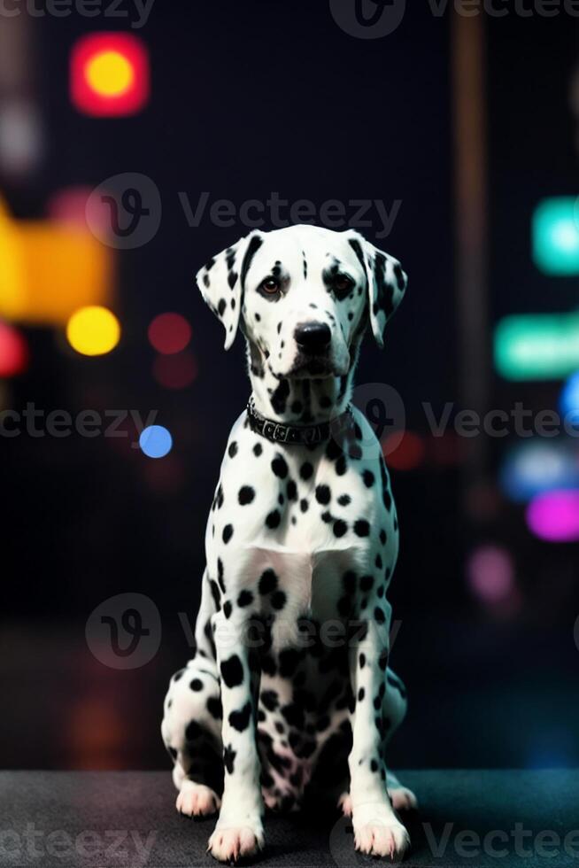 Dalmatian dog sitting in front of a black background with lights in the background, animal photography, photorealistic painting. , generative, AI photo