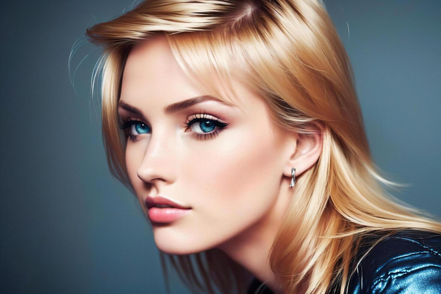 Young beautiful woman with short blond haircut and blue eyes dressed in