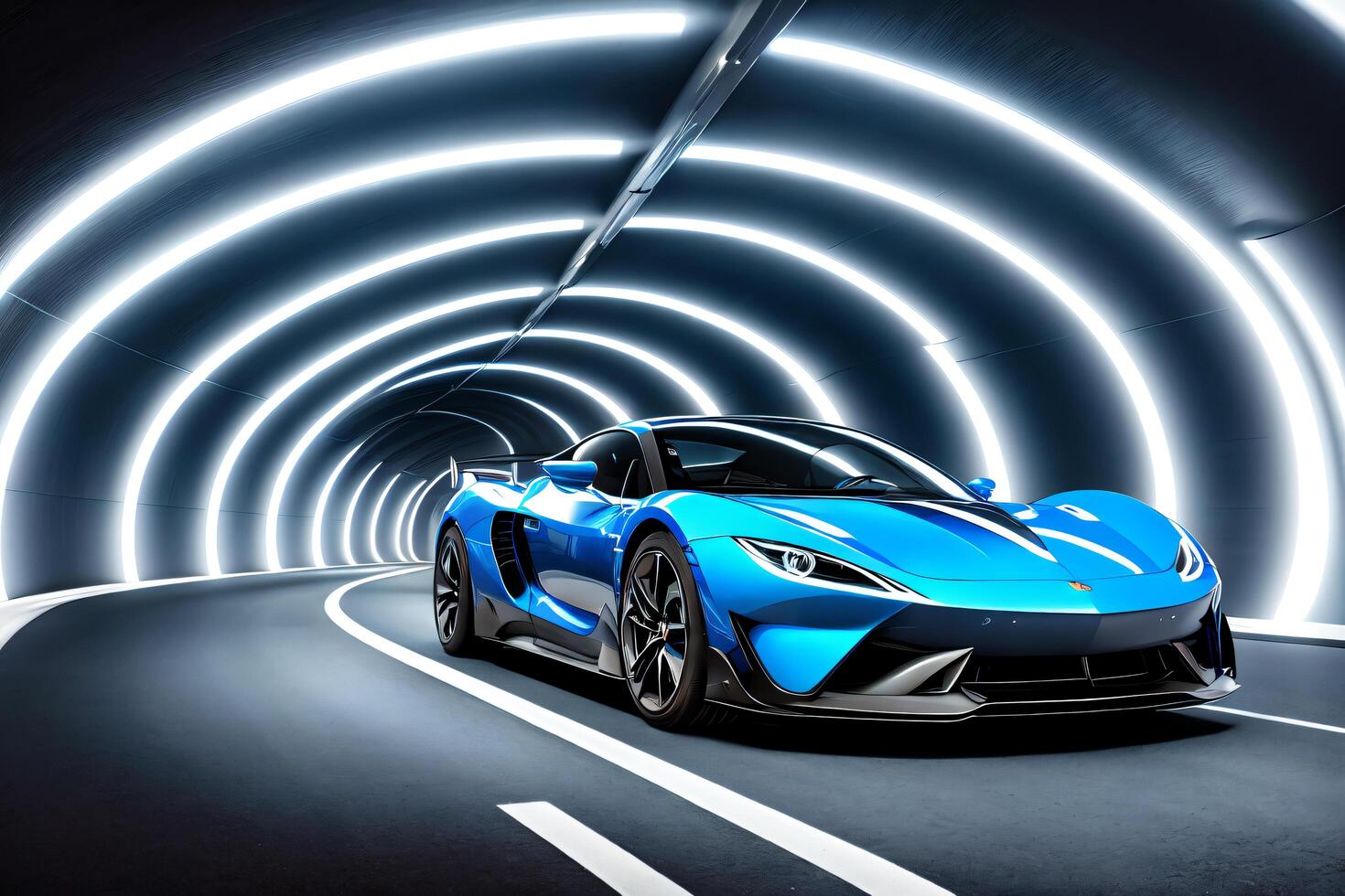 Blue sports car driving through a tunnel of neon lights in a tunnel of light at night, computer rendering, panfuturism. photo