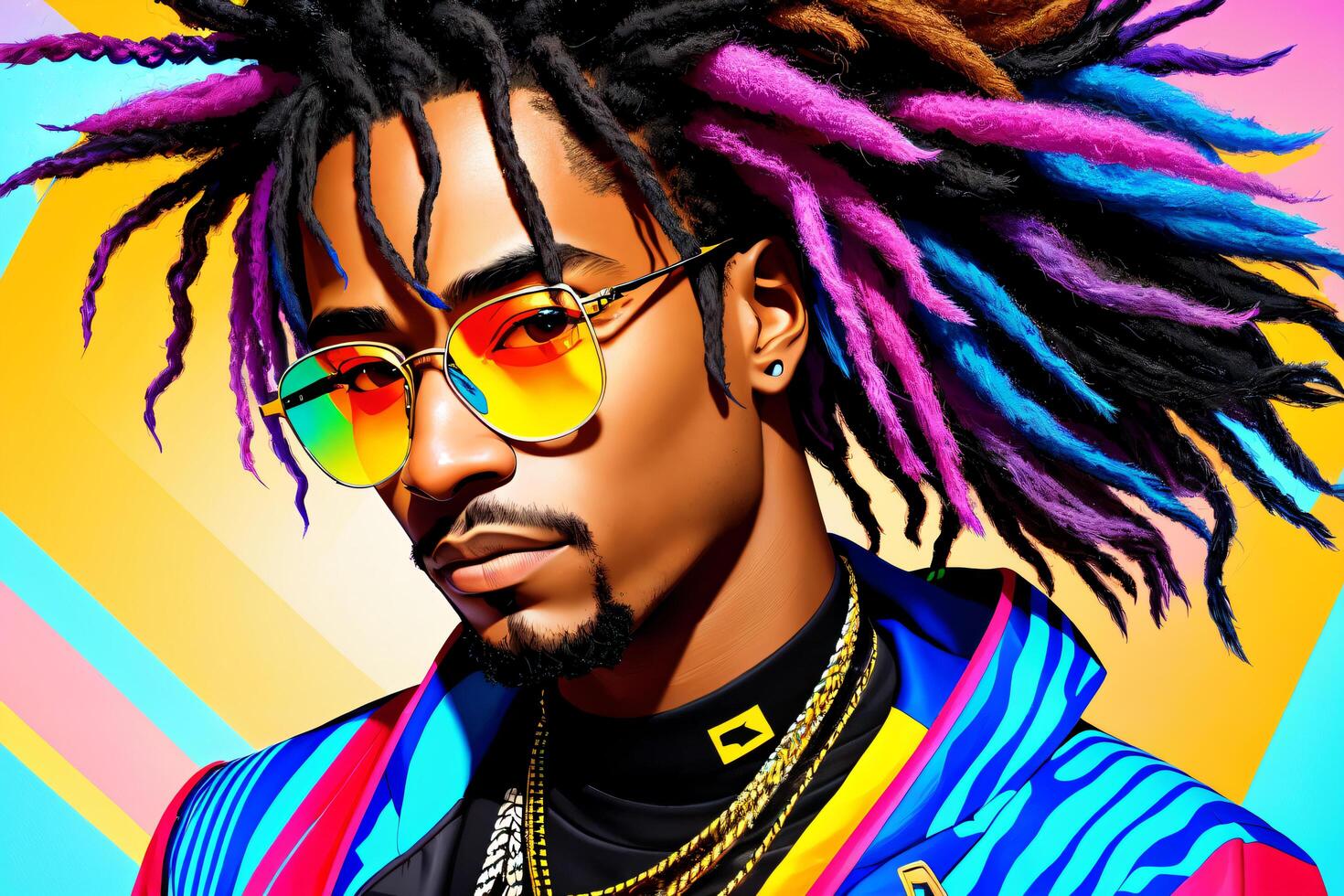 africano hombre con rastas y Gafas de sol en su cabeza, vistiendo un brillante camisa y collar, muy detallado digital cuadro, canguelo Arte. generativo ai foto