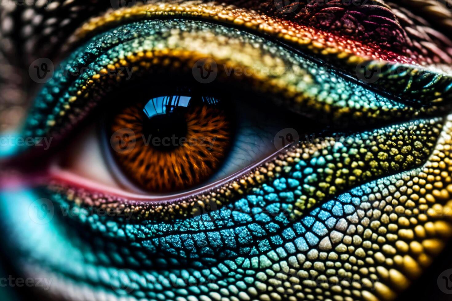 de cerca de un continuar ojo con un continuar ojo modelo en el iris y un amarillo iris, realista ojos, macro fotografía, holografía. generativo ai, generativo, ai foto