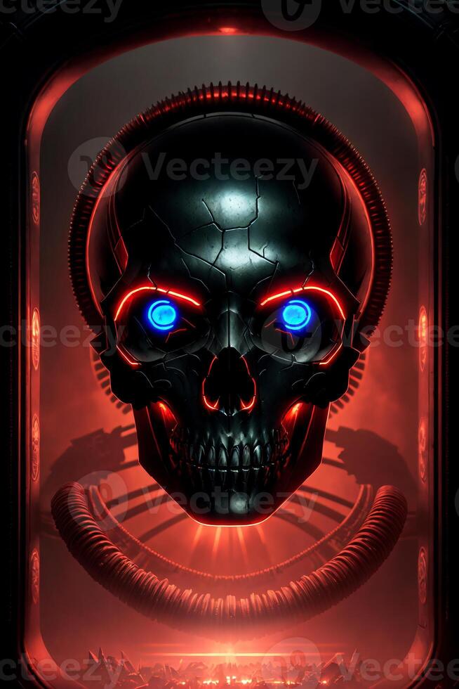 Skull with glowing eyes in a futuristic setting, biomechanics, cyberpunk art, sots art. , generative, AI photo