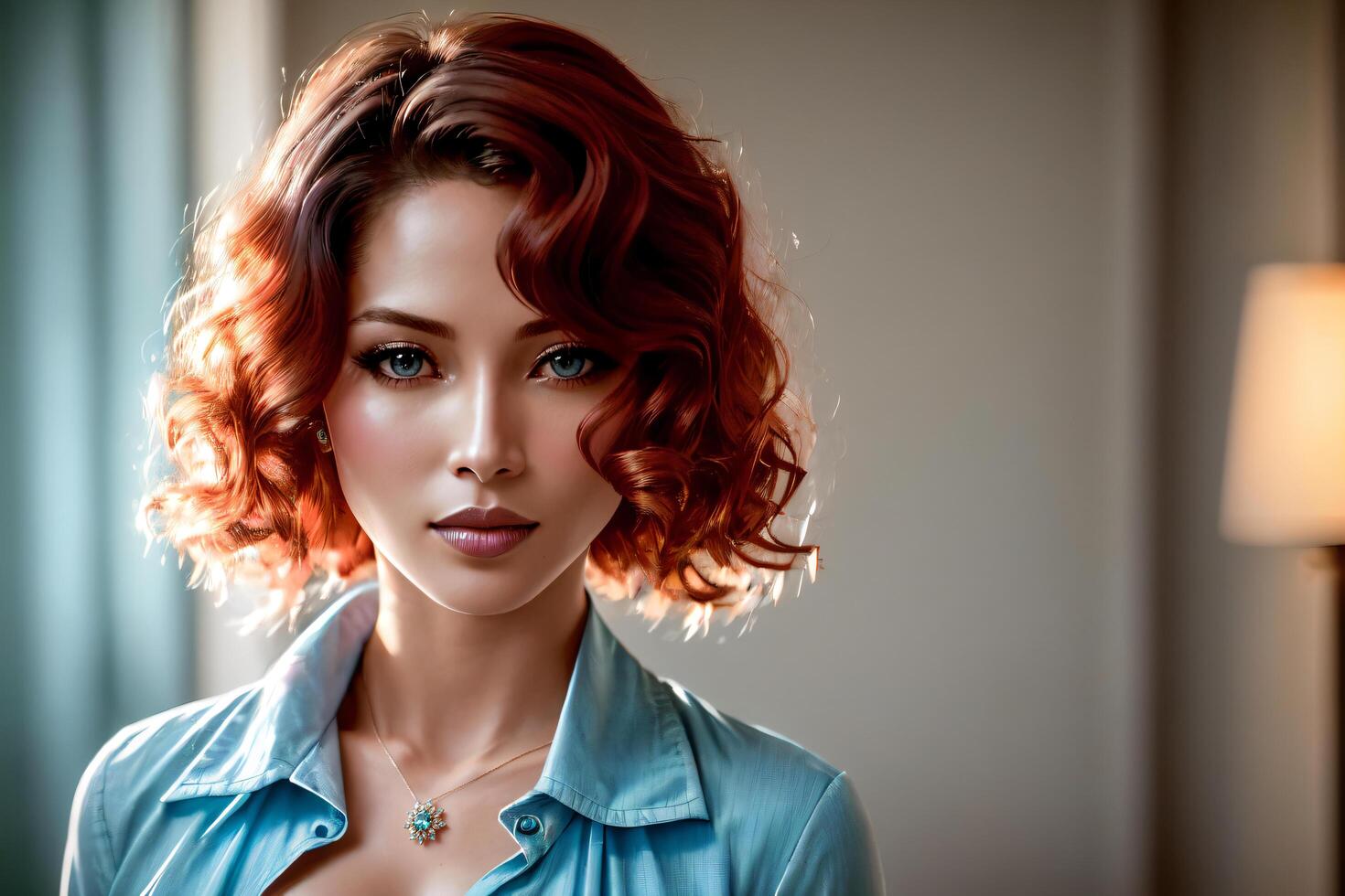 hermosa mujer con rojo pelo y azul camisa poses para un imagen en un habitación con un lámpara, Perfecto rostro, fotorrealista cuadro, moderno. generativo ai foto