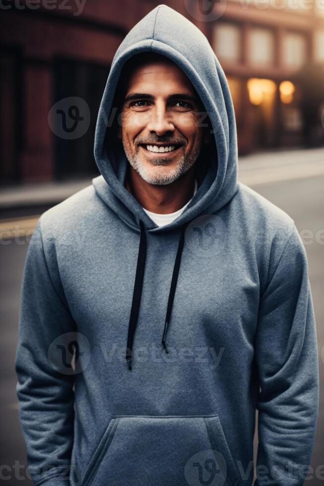 A man in a gray sweatshirt stands on the street smiling at the camera against the background of a building, a portrait of a character. , generative, AI photo