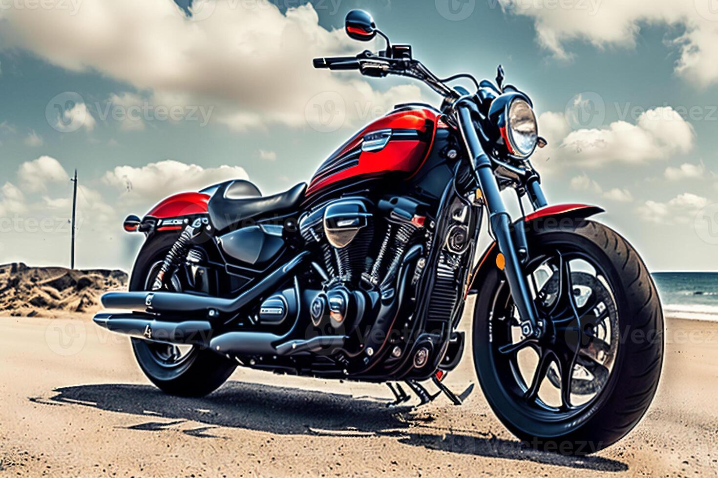 rojo motocicleta estacionado en el playa cerca el Oceano y nublado cielo con nubes en el fondo, digital representación, cuadro. generativo ai foto