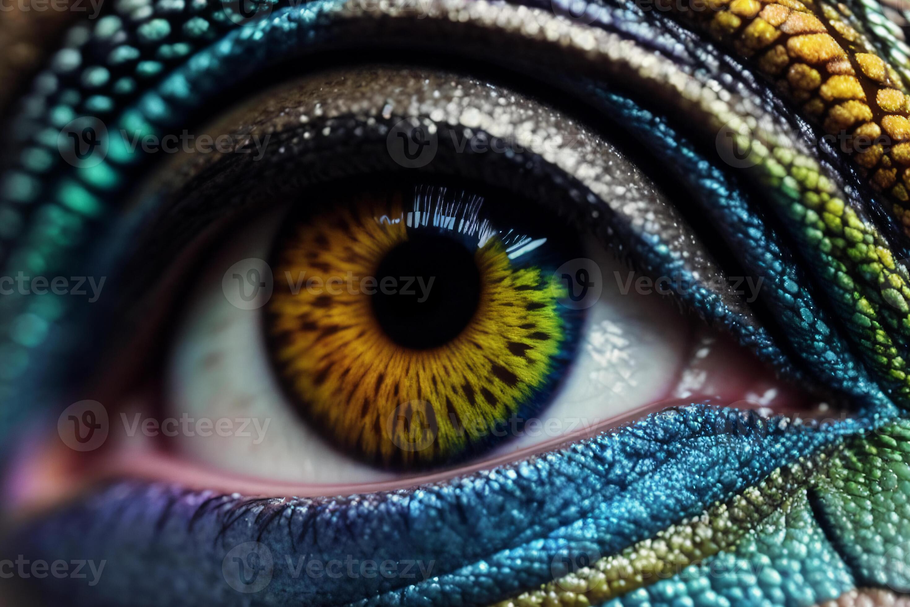 Closeup of a dragon eye with a dragon eye pattern on the iris and a