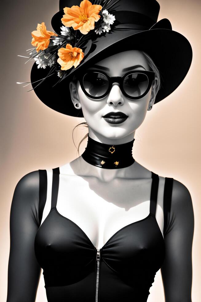 Beautiful woman in a black hat and sunglasses with flowers on her head and a necklace around her neck, fashion photography, photorealistic painting, gothic art. photo