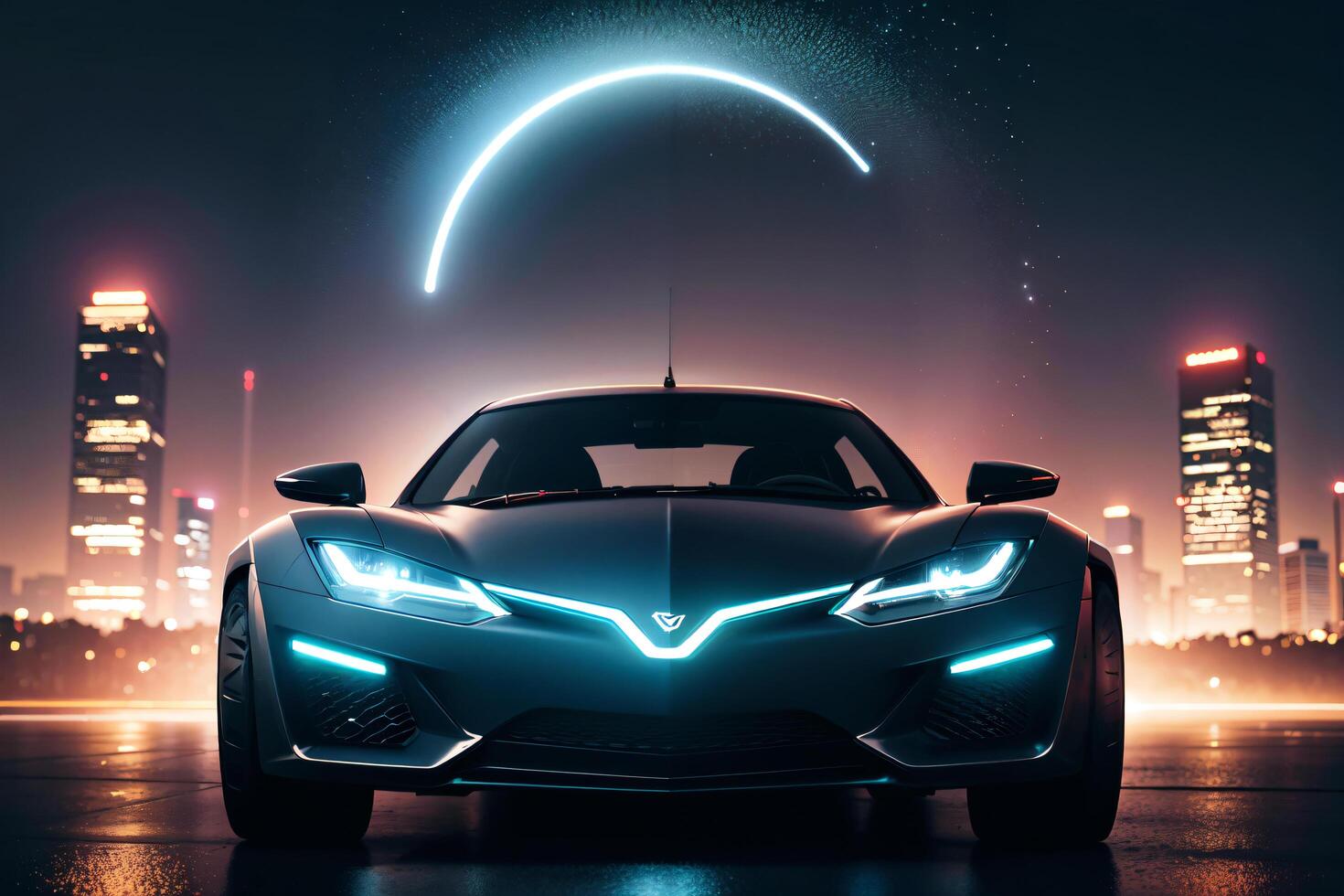 Futuristic car with a bright neon halo around the headlight and the city skyline in the background, retrofuturism. photo