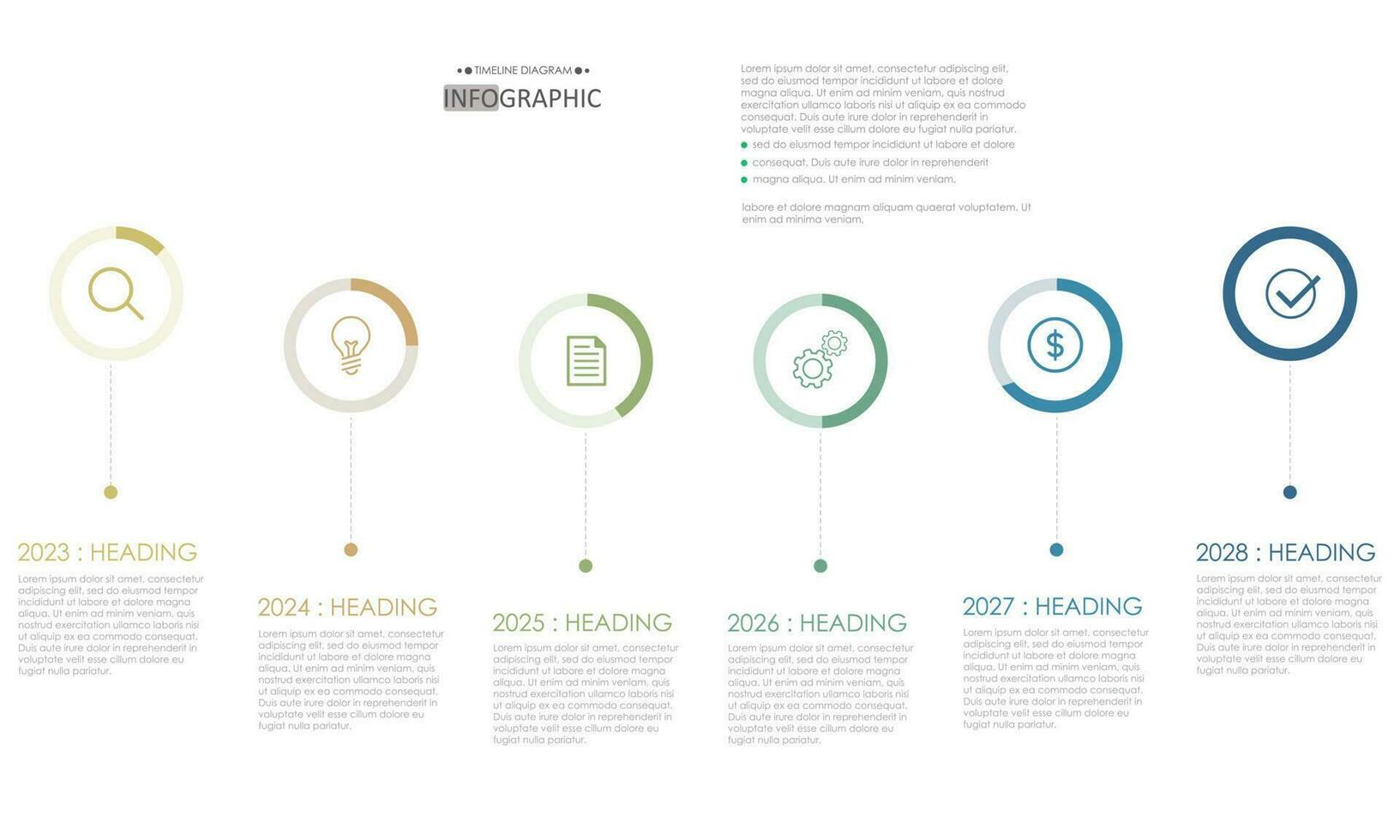 timeline diagram template infographic presentation style display. 6 step target vector