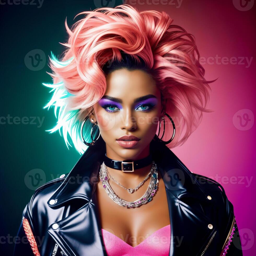 Portrait of a beautiful woman with bright makeup, in bright clothes, in bright, multi-colored studio lighting, photorealism. For registration CD disks. , generative, AI photo