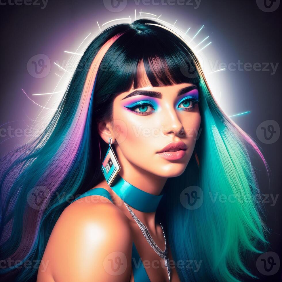 Portrait of a beautiful woman with bright makeup, in bright clothes, in bright, multi-colored studio lighting, photorealism. For registration CD disks. , generative, AI photo
