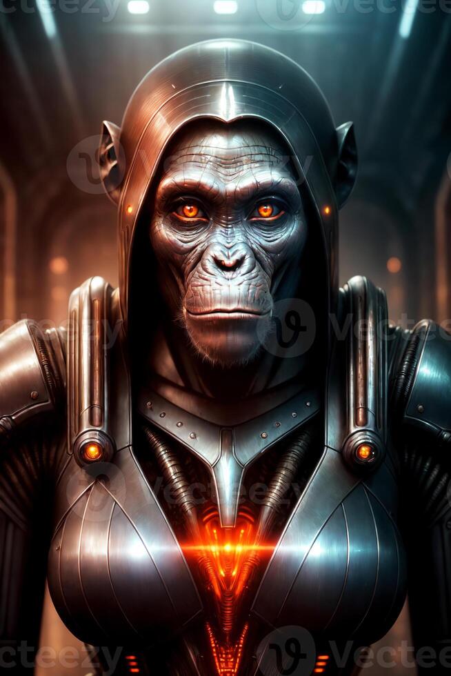 A monkey in a fantastic costume and with lanterns behind his back and a spotlight in the background, sits in a spaceship, character portrait. , generative, AI photo